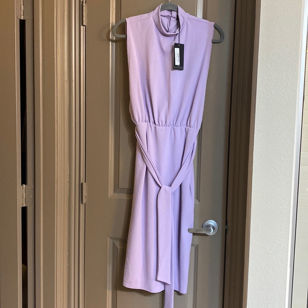 Pretty Little Thing, size 12 lilac, high neck, tie waist midi dress, NWT